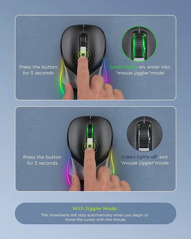 Alt view image 4 of 7 - PEIOUS Wireless Mouse, Jiggler Mouse for Laptop - LED Mouse Rechargeable Computer Mice Mouse Mover Undetectable Random Movement with On/Off Button Keeps Computer Awake - Black&Grey