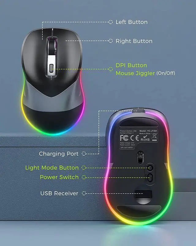 Alt view image 5 of 7 - PEIOUS Wireless Mouse, Jiggler Mouse for Laptop - LED Mouse Rechargeable Computer Mice Mouse Mover Undetectable Random Movement with On/Off Button Keeps Computer Awake - Black&Grey