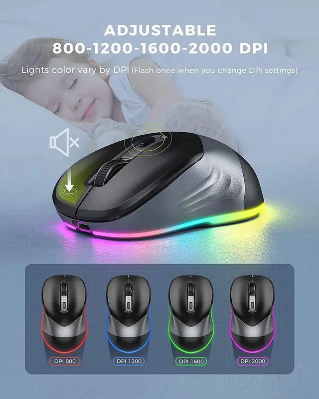 Alt view image 6 of 7 - PEIOUS Wireless Mouse, Jiggler Mouse for Laptop - LED Mouse Rechargeable Computer Mice Mouse Mover Undetectable Random Movement with On/Off Button Keeps Computer Awake - Black&Grey