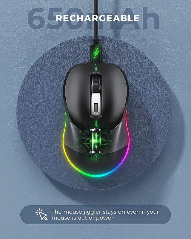 Alt view image 7 of 7 - PEIOUS Wireless Mouse, Jiggler Mouse for Laptop - LED Mouse Rechargeable Computer Mice Mouse Mover Undetectable Random Movement with On/Off Button Keeps Computer Awake - Black&Grey