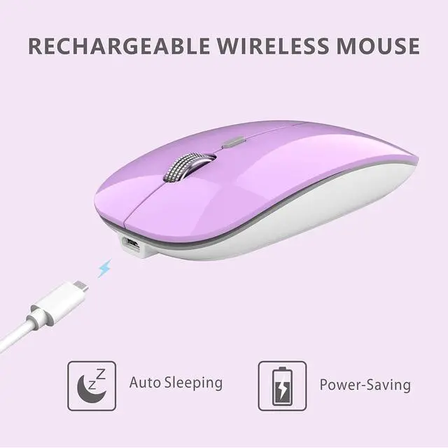 Alt view image 3 of 7 - Q5 Slim Rechargeable Wireless Mouse, 2.4G Portable Optical Silent Ultra Thin Wireless Computer Mouse with USB Receiver and Type C Adapter, Compatible with PC, Laptop, Desktop (Purple)