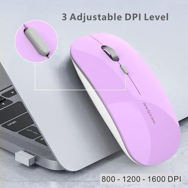 Alt view image 4 of 7 - Q5 Slim Rechargeable Wireless Mouse, 2.4G Portable Optical Silent Ultra Thin Wireless Computer Mouse with USB Receiver and Type C Adapter, Compatible with PC, Laptop, Desktop (Purple)