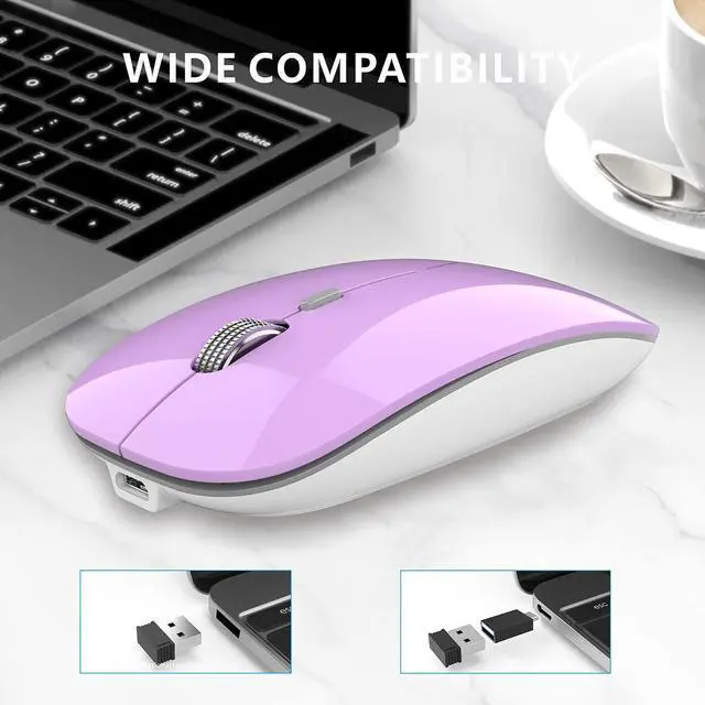 Alt view image 5 of 7 - Q5 Slim Rechargeable Wireless Mouse, 2.4G Portable Optical Silent Ultra Thin Wireless Computer Mouse with USB Receiver and Type C Adapter, Compatible with PC, Laptop, Desktop (Purple)