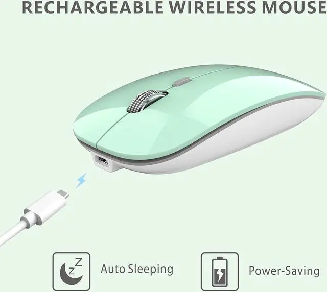 Alt view image 2 of 7 - Q5 Slim Rechargeable Wireless Mouse, 2.4G Portable Optical Silent Ultra Thin Wireless Computer Mouse with USB Receiver and Type C Adapter, Compatible with PC, Laptop, Desktop (Mint Green)