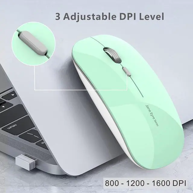 Alt view image 3 of 7 - Q5 Slim Rechargeable Wireless Mouse, 2.4G Portable Optical Silent Ultra Thin Wireless Computer Mouse with USB Receiver and Type C Adapter, Compatible with PC, Laptop, Desktop (Mint Green)