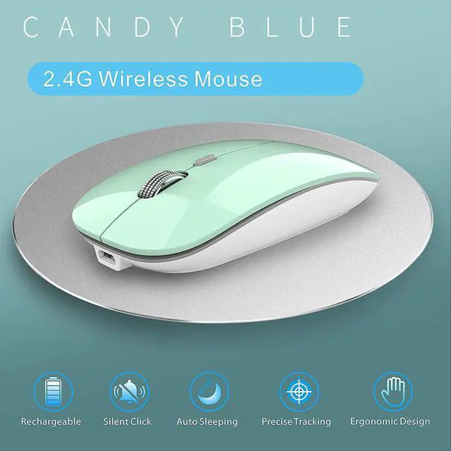 Alt view image 6 of 7 - Q5 Slim Rechargeable Wireless Mouse, 2.4G Portable Optical Silent Ultra Thin Wireless Computer Mouse with USB Receiver and Type C Adapter, Compatible with PC, Laptop, Desktop (Mint Green)