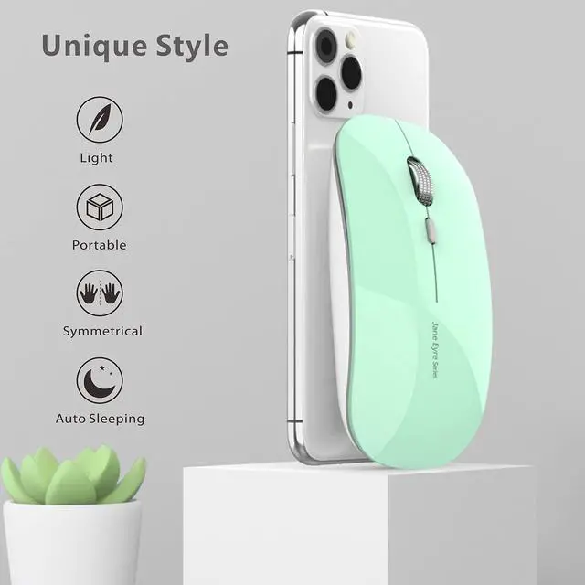 Alt view image 7 of 7 - Q5 Slim Rechargeable Wireless Mouse, 2.4G Portable Optical Silent Ultra Thin Wireless Computer Mouse with USB Receiver and Type C Adapter, Compatible with PC, Laptop, Desktop (Mint Green)