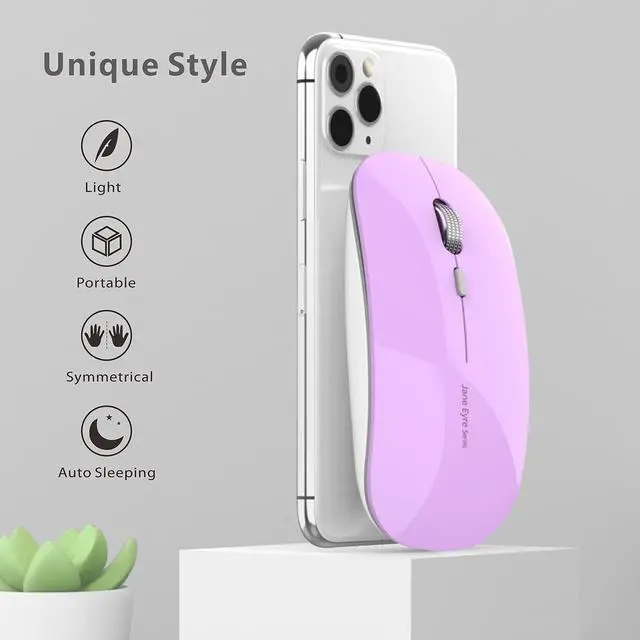 Alt view image 6 of 7 - Q5 Slim Rechargeable Wireless Mouse, 2.4G Portable Optical Silent Ultra Thin Wireless Computer Mouse with USB Receiver and Type C Adapter, Compatible with PC, Laptop, Desktop (Purple)