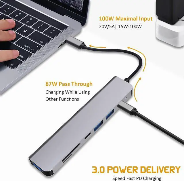 Alt view image 3 of 4 - USB C Hub, 7 in 1 USB C Hub Multiport Adapter with HDMI 4K@60hz Output, Power Delivery Type C Charging 7 Port Hub, USB Hub with SD Card Reader, 3.0 USB C Hub for Mac MacBook Pro XPS Surface Pro