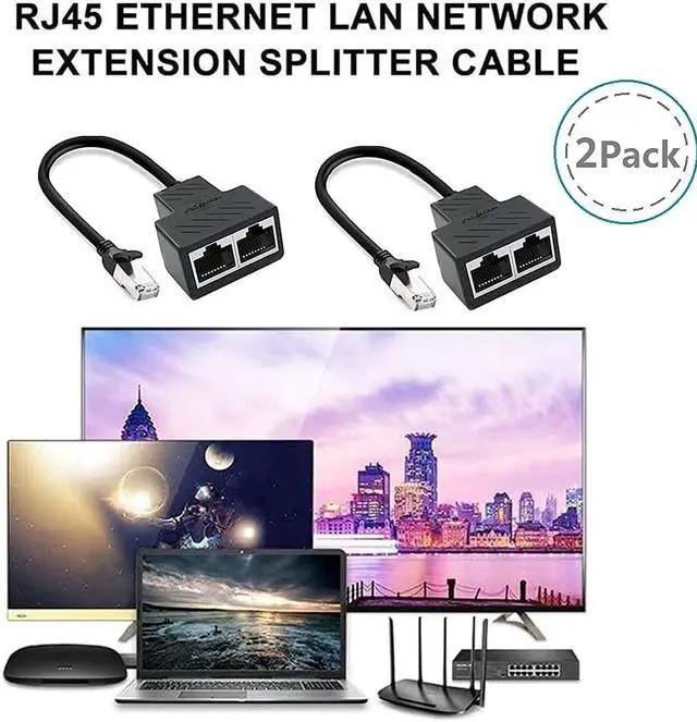 Alt view image 7 of 7 - 2Pack RJ45 Ethernet Splitter Cable Network Adapter 1 Male to 2 Female Suitable Super Cat5 Cat5e Cat6 Cat7 Connector LAN Ethernet Cables Internet Adapter Black