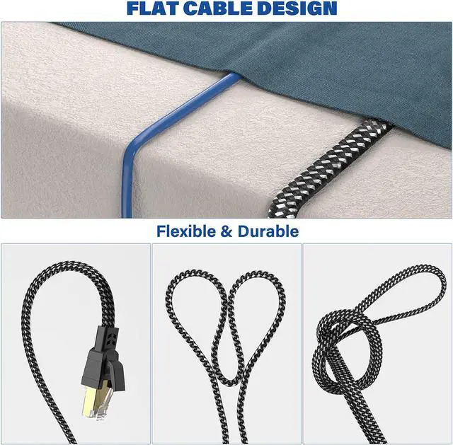 Alt view image 3 of 7 - Cat 8 Ethernet Cable 50 ft 26AWG Nylon Braided High Speed Heavy Duty Cat8 Network LAN Patch Cord 40Gbps 2000Mhz SFTP RJ45 Flat Cable Shielded in Wall Indoor&Outdoor for Modem/Router/Gaming/PC