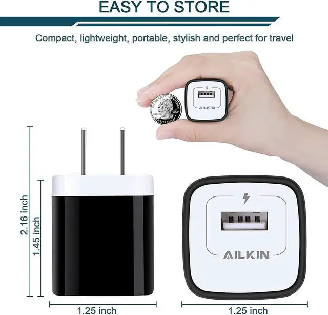 Alt view image 2 of 5 - AILKIN USB Charger Wall Plug, 5Pack-1Port Fast Charging Outlet AC Power Adapter Block Cube Box Brick for Apple iPhone, Samsung Galaxy, Android or Type C Phones Charge Multi USB Base Fast Charging