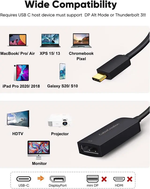 Alt view image 5 of 7 - CableCreation 8K USB C to DisplayPort Adapter, 40G Type C to Display Port,USB-C to DP 1.4 [8K@60Hz, 4K@144Hz] HDR, Thunderbolt 4/3 Compatible with Valve Index, MacBook, iPhone 15, XPS, Oculus Rift S