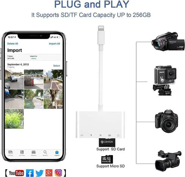 Alt view image 3 of 6 - SD Card Reader USB Camera Adapter to iPhone,5 in 1 USB OTG Camera Connection Kits Adapter with SD TF Card Reader and 3.5mm Headphone Jack and Charging Adapter for iPhone 14 13 Pro/iPad with iOS 15