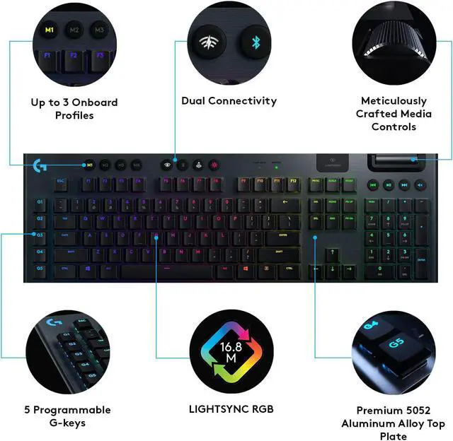 Alt view image 6 of 7 - G915 Mechanical Gaming Keyboard, Low Profile GL Linear Key Switch, LIGHTSYNC RGB, Advanced LIGHTSPEED Wireless and Bluetooth Support,Black