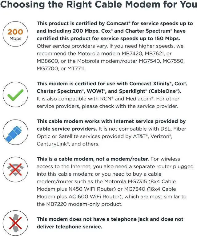 Alt view image 5 of 5 - MOTOROLA 8x4 Cable Modem, Model MB7220, 343 Mbps DOCSIS 3.0, Certified by Comcast XFINITY, Time Warner Cable, Cox, BrightHouse, and More (No Wireless)
