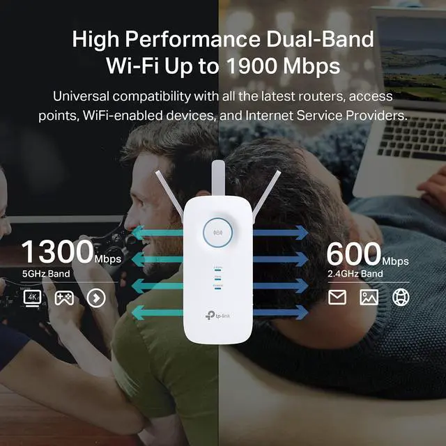 Alt view image 2 of 7 - TP-Link AC1900 WiFi Extender (RE550), Covers Up to 2800 Sq.ft and 35 Devices, 1900Mbps Dual Band Wireless Repeater, Internet Booster, Gigabit Ethernet Port