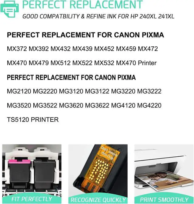 Alt view image 2 of 6 - RETCH ReManufactured Ink Cartridges Replacement for Canon 240 and 241 PG-240XL 240 XL Combo Pack for Canon PIXMA MG3620 MX472 MX452 MG3220 MG3520 MG2220 Tray Inkjet Printer (1 Black 1 Tri-Color)