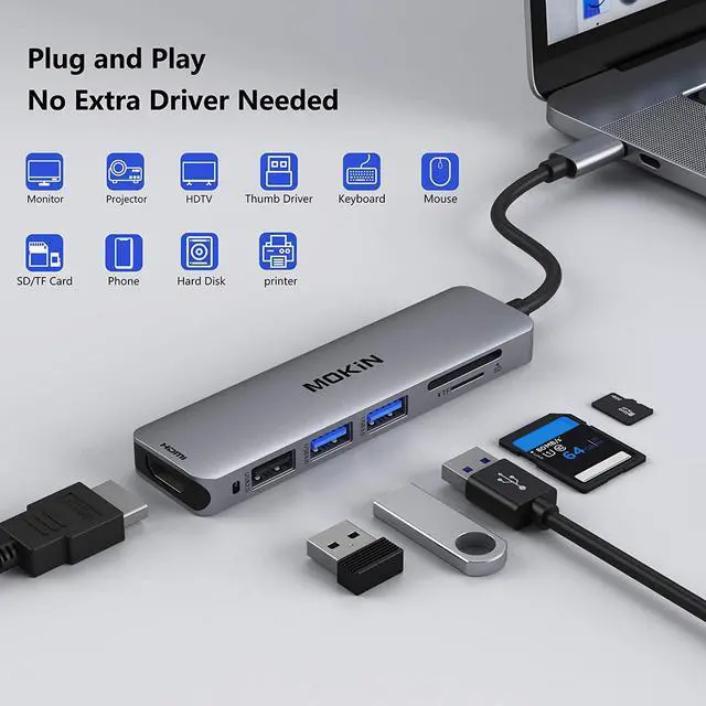 Alt view image 2 of 7 - USB C Hub HDMI Adapter for MacBook Pro 2019/2018/2017 5 in 1 Dongle USB-C to HDMI Sd/TF Card Reader and 2 Ports USB 3.0 (Space Gray)