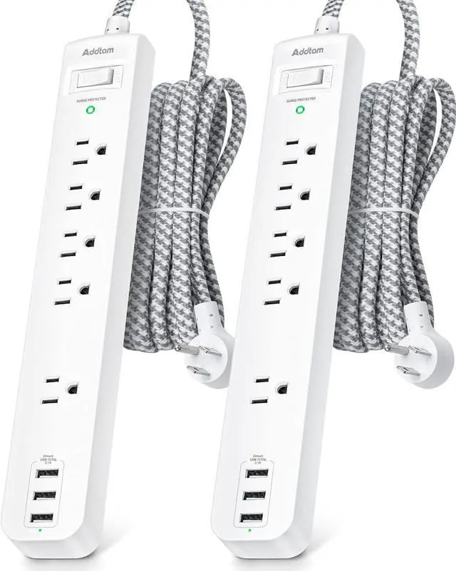 Main image of 2 Pack Power Strip Surge Protector - 5 Widely Spaced Outlets 3 USB Charging Ports 1875W/15A with 5Ft Braided Extension Cord Flat Plug Overload Surge Protection Wall Mount for Home Office White