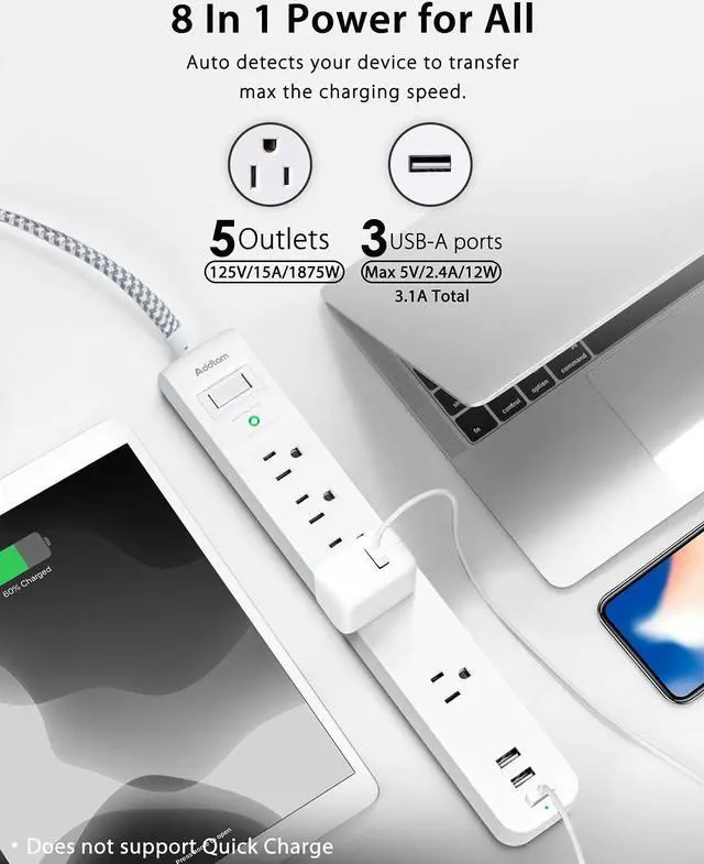 Alt view image 2 of 7 - 2 Pack Power Strip Surge Protector - 5 Widely Spaced Outlets 3 USB Charging Ports 1875W/15A with 5Ft Braided Extension Cord Flat Plug Overload Surge Protection Wall Mount for Home Office White