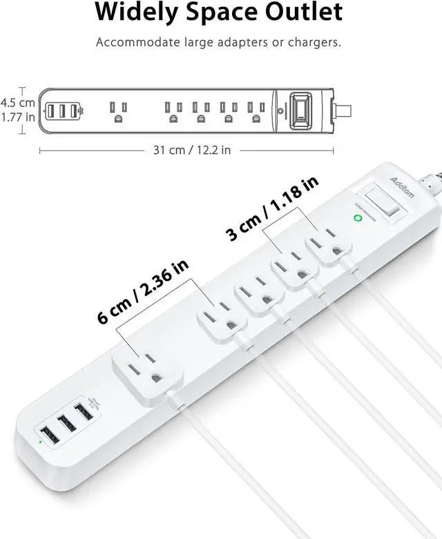 Alt view image 3 of 7 - 2 Pack Power Strip Surge Protector - 5 Widely Spaced Outlets 3 USB Charging Ports 1875W/15A with 5Ft Braided Extension Cord Flat Plug Overload Surge Protection Wall Mount for Home Office White