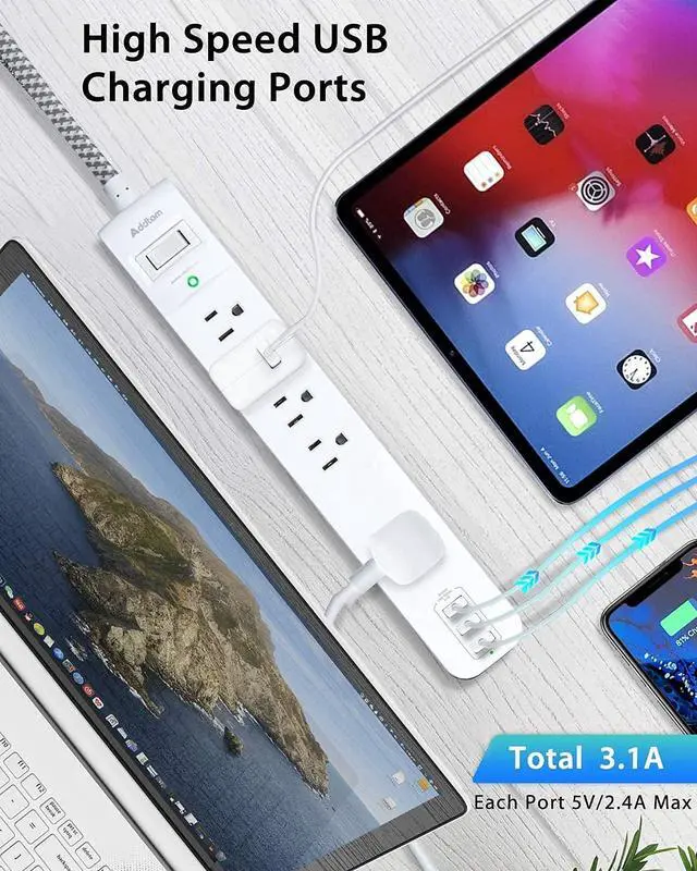 Alt view image 4 of 7 - 2 Pack Power Strip Surge Protector - 5 Widely Spaced Outlets 3 USB Charging Ports 1875W/15A with 5Ft Braided Extension Cord Flat Plug Overload Surge Protection Wall Mount for Home Office White