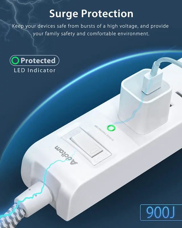 Alt view image 5 of 7 - 2 Pack Power Strip Surge Protector - 5 Widely Spaced Outlets 3 USB Charging Ports 1875W/15A with 5Ft Braided Extension Cord Flat Plug Overload Surge Protection Wall Mount for Home Office White