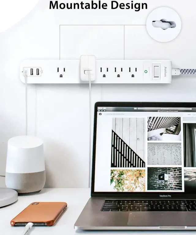 Alt view image 6 of 7 - 2 Pack Power Strip Surge Protector - 5 Widely Spaced Outlets 3 USB Charging Ports 1875W/15A with 5Ft Braided Extension Cord Flat Plug Overload Surge Protection Wall Mount for Home Office White