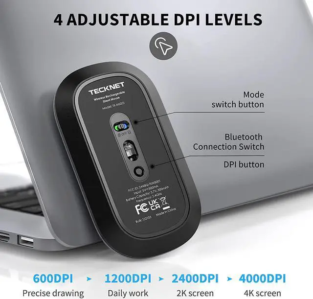 Alt view image 4 of 7 - Bluetooth Mouse, Slim Silent Rechargeable Wireless Mouse Bluetooth 5.0/3.0 2.4G Portable Optical Cordless Mice with USB Receiver 4 Adjustable DPI for MacBook iPad Windows Computer Laptop PC