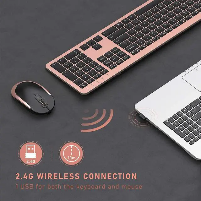 Alt view image 3 of 7 - seenda Rechargeable Wireless Keyboard Mouse Combo Full Size Cordless Keyboard & Mouse Sets with Build-in Lithium Battery Ultra Thin Quiet Keyboard Mice (Black and Rose Gold)