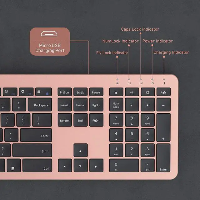 Alt view image 5 of 7 - seenda Rechargeable Wireless Keyboard Mouse Combo Full Size Cordless Keyboard & Mouse Sets with Build-in Lithium Battery Ultra Thin Quiet Keyboard Mice (Black and Rose Gold)