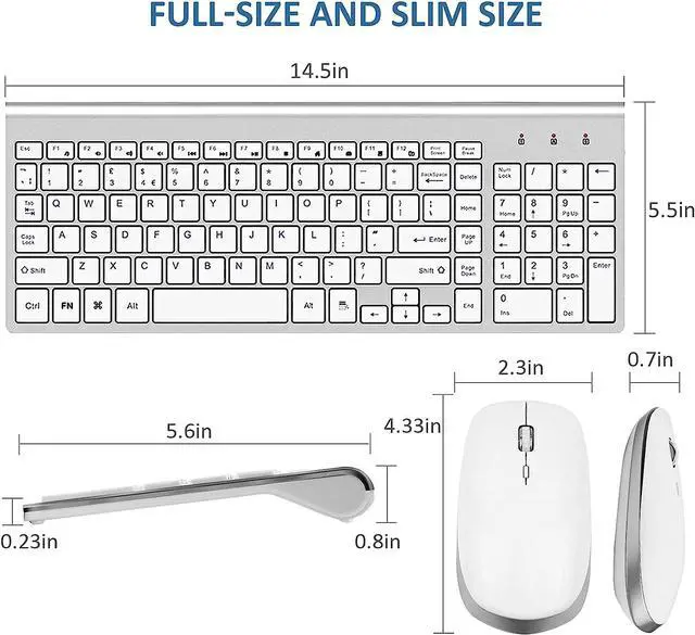 Alt view image 2 of 7 - Keyboard and Mouse Wireless, USB 2.4GHz Combo Silent Quiet Low Profile Compact Full Size Flat Slim Thin Portable with Number Pad Soft Cover for PC Laptop Computer Office - White & Silver