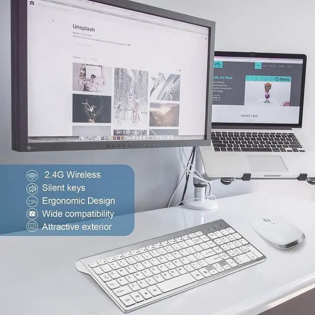 Alt view image 5 of 7 - Keyboard and Mouse Wireless, USB 2.4GHz Combo Silent Quiet Low Profile Compact Full Size Flat Slim Thin Portable with Number Pad Soft Cover for PC Laptop Computer Office - White & Silver