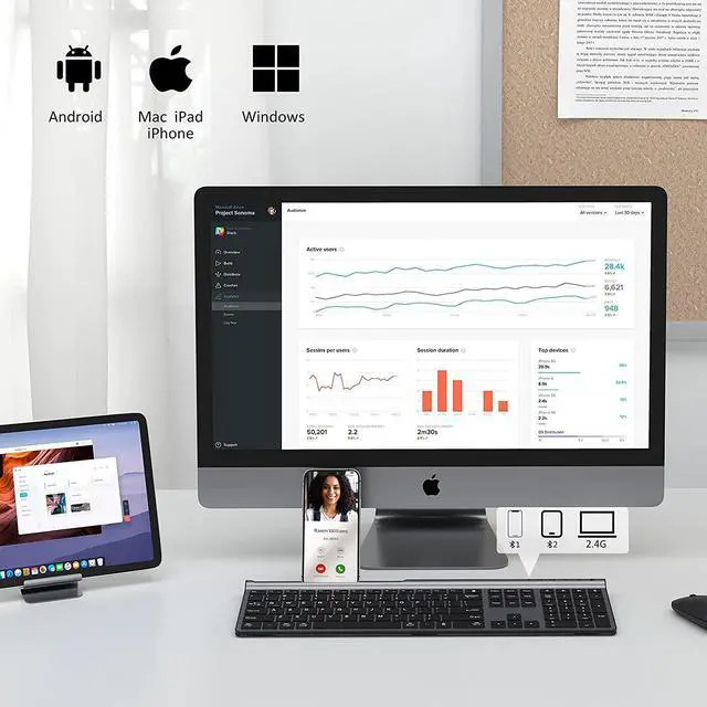 Alt view image 2 of 7 - Wireless Keyboard and Mouse Combo, CHESONA Bluetooth Rechargeable Full Size Multi-Device (Bluetooth 5.0+3.0+2.4G) Wireless Keyboard Mouse Combo for Mac OS/iOS/Windows/Android (Silver Black)