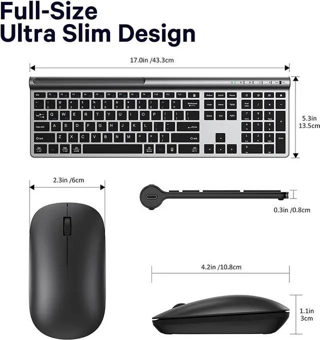 Alt view image 4 of 7 - Wireless Keyboard and Mouse Combo, CHESONA Bluetooth Rechargeable Full Size Multi-Device (Bluetooth 5.0+3.0+2.4G) Wireless Keyboard Mouse Combo for Mac OS/iOS/Windows/Android (Silver Black)
