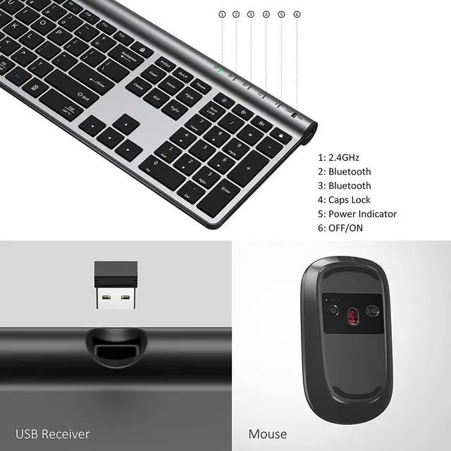 Alt view image 6 of 7 - Multi-Device Bluetooth Keyboard and Mouse Rechargeable Full Size Ultra Thin Dual-Mode (BT 5.0+3.0+2.4G) Wireless Keyboard Mouse Combo for Mac OS/iOS/Windows/Android (Silver Black)