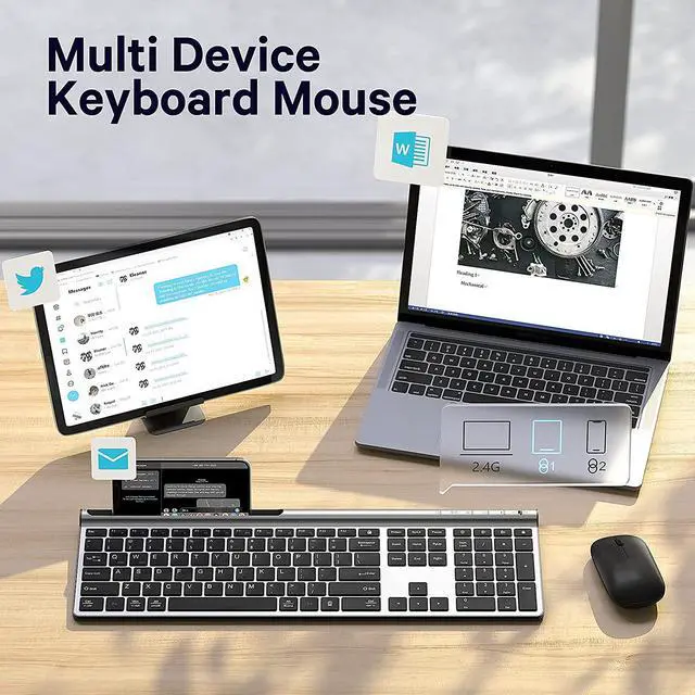 Alt view image 7 of 7 - Wireless Keyboard and Mouse Combo, CHESONA Bluetooth Rechargeable Full Size Multi-Device (Bluetooth 5.0+3.0+2.4G) Wireless Keyboard Mouse Combo for Mac OS/iOS/Windows/Android (Silver Black)