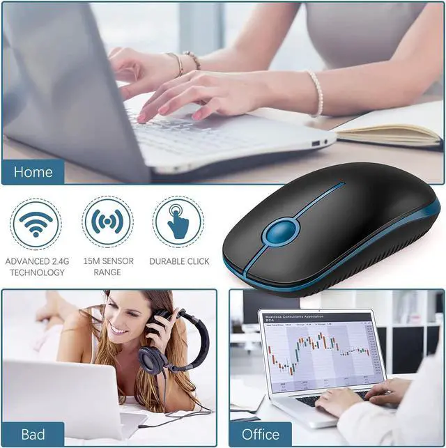 Alt view image 6 of 7 - VssoPlor Wireless Mouse, 2.4G Computer Laptop Mouse, Black Sapphire Blue | Slim Portable Mouse, Plug & Play USB Nano Receiver, Quiet Silent Optical Mice for Notebook, PC, Laptop, Computer