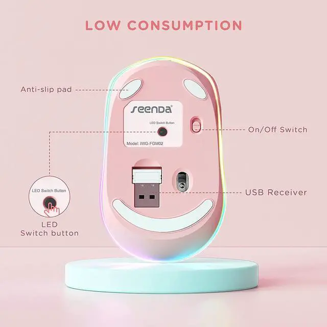 Alt view image 2 of 6 - Wireless Mouse, Rechargeable Light Up Mouse for Laptop, Small Cordless Mice with Quiet Click LED Rainbow Lights for PC Computer Kids Chromebook Windows Mac,Hot Pink