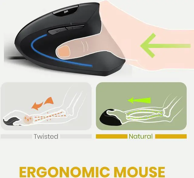 Alt view image 3 of 7 - PERIMICE-513 Wired Ergonomic Vertical Mouse - 6 Buttons with 1000/1600/3200/6400 DPI - Right-Handed Design - Wired USB 5.9ft Cable - Black