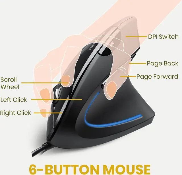 Alt view image 2 of 7 - PERIMICE-513 Wired Ergonomic Vertical Mouse - 6 Buttons with 1000/1600/3200/6400 DPI - Right-Handed Design - Wired USB 5.9ft Cable - Black