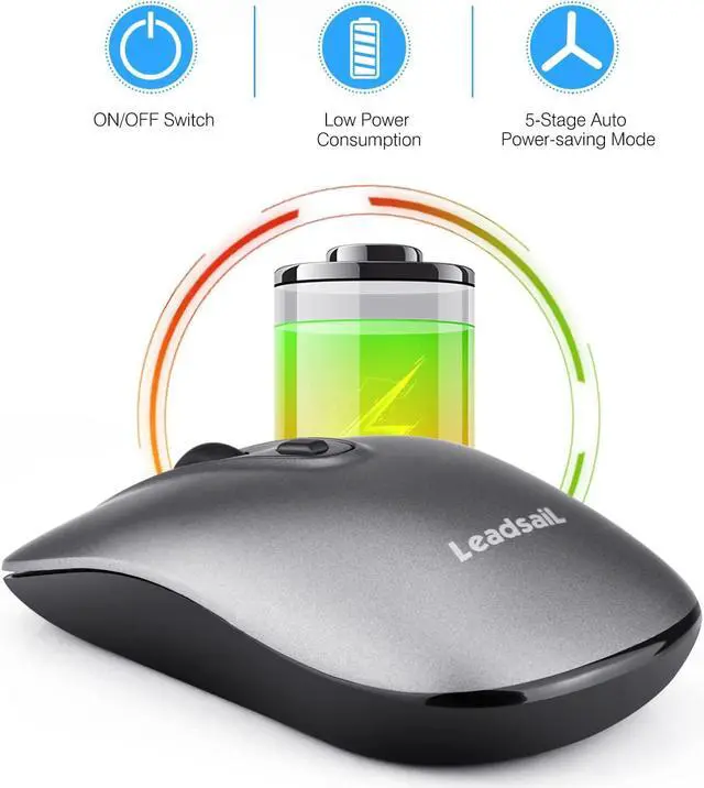 Alt view image 6 of 6 - LeadsaiL Rechargeable Wireless Computer Mouse, 2.4G Portable Slim Cordless Mouse Less Noise for Laptop Optical Mouse with 5 Adjustable DPI Levels USB Mouse for Laptop, Deskbtop, MacBook