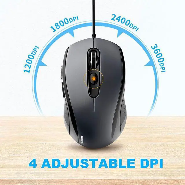Alt view image 2 of 7 - TECKNET Wired Mouse USB Wired Computer Mouse 3600DPI 4 Adjustable Levels 6-Button Ergonomic Mice Home and Office Mouse for Laptop PC Desktop Notebook - Grey