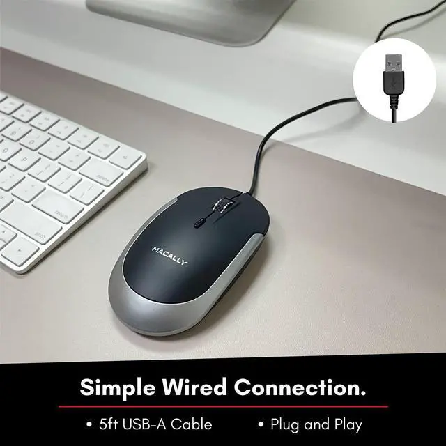 Alt view image 3 of 7 - Macally Silent Wired Mouse - Slim & Compact USB Mouse for Apple Mac or Windows PC Laptop/Desktop - Designed with Optical Sensor & DPI Switch - Simple & Comfortable Wired Computer Mouse (Space Gray)