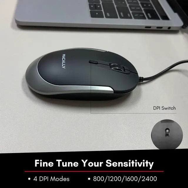 Alt view image 5 of 7 - Macally Silent Wired Mouse - Slim & Compact USB Mouse for Apple Mac or Windows PC Laptop/Desktop - Designed with Optical Sensor & DPI Switch - Simple & Comfortable Wired Computer Mouse (Space Gray)