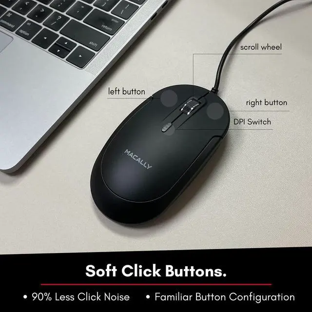 Alt view image 4 of 7 - Macally Quiet Wired Mouse for Laptop or Desktop USB Computer Mouse Wired with Optical Sensor and Adjustable DPI - Comfortable Corded Mouse for PC Windows Chromebook Mac Notebook - Black