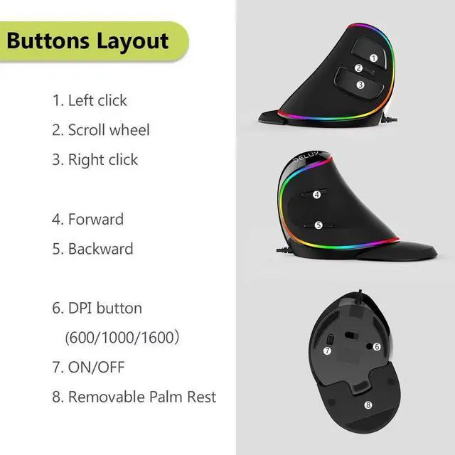 Alt view image 3 of 7 - DELUX Wired Ergonomic Vertical Mouse Large RGB Ergonomic Computer Mouse with 6 Buttons Removable Wrist Rest 4000DPI and On-Board Software Reduce Hand Strain for Carpal Tunnel(M618Plus RGB-Black)