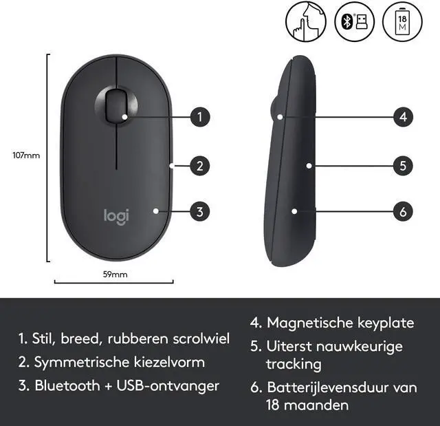 Alt view image 2 of 6 - LOGI Pebble M350 Portable Wireless Mouse with Bluetooth or 2.4 GHz Receiver Silent Slim Computer Mouse with Quiet Click for Laptop Notebook PC and Mac - Graphite - Asian Version