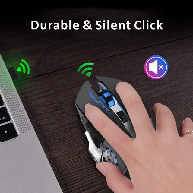 Alt view image 5 of 7 - Uciefy Q85 Rechargeable Wireless Gaming Mouse, Ergonomic Silent Mouse Black | 2.4GHz Optical, Quiet Click, 4 LED Light, Side Buttons, 3 Adjustable DPI, Ergonomic, Auto Sleeping, USB Receiver, Cordless